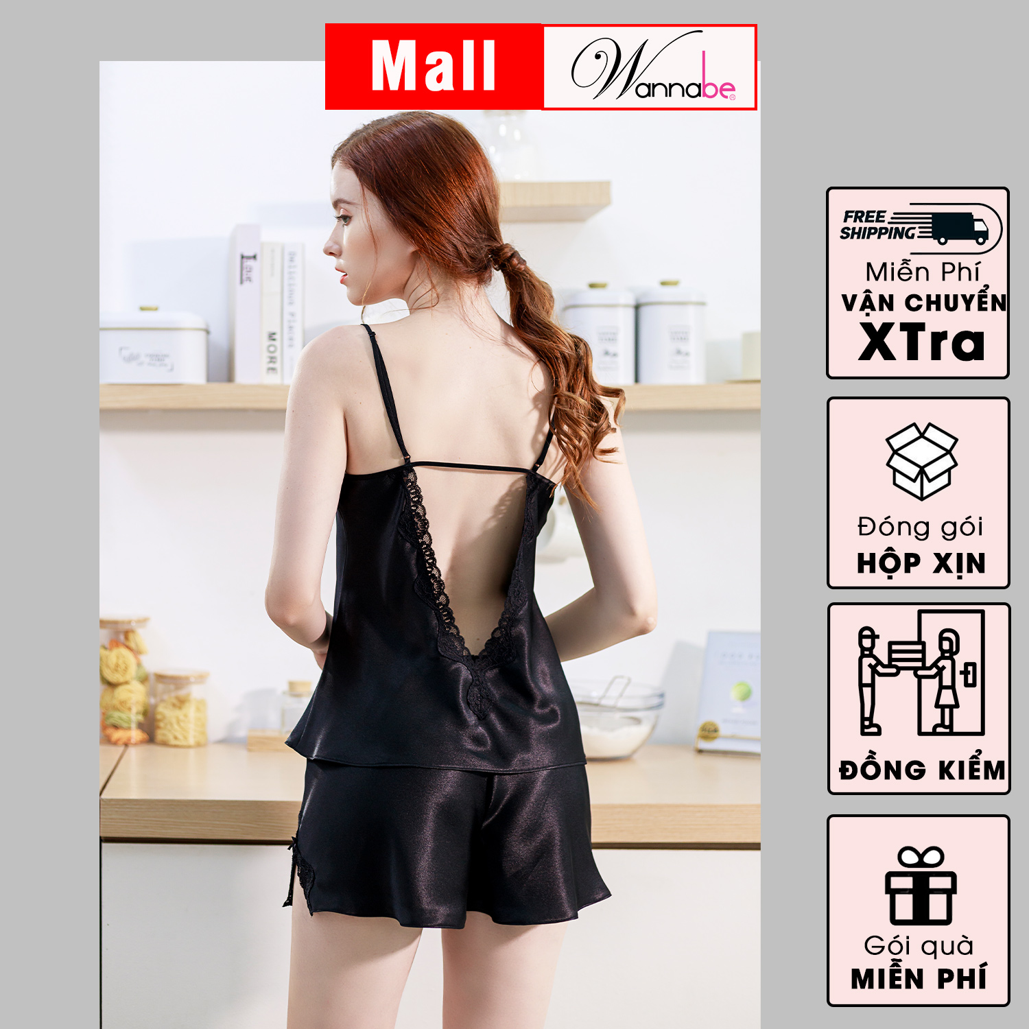 Đồ bộ mặc nhà lụa cao cấp WANNABE BSS39 đồ bộ quần sọt phối áo 2 dây lưng cut-out viền ren gợn sóng trẻ trung quyến rũ