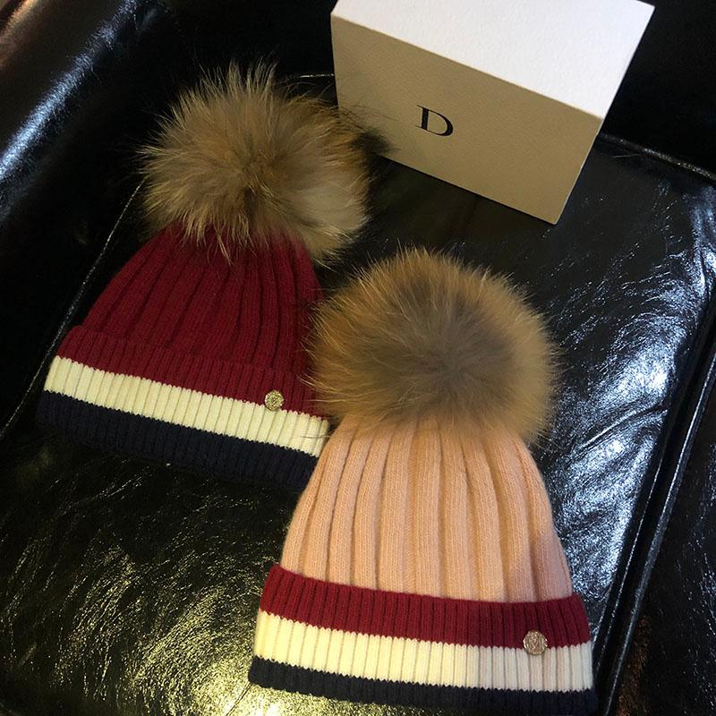 HT026 Mũ Nón Nữ Beanies Mùa Đông Mũ Nón Vành Nữ 100% Gấu Trúc Lông Pompom Nón Nữ Dệt Kim Mũ Lưỡi Trai