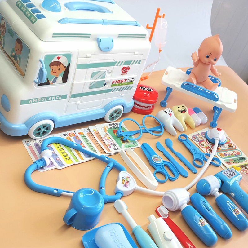 Nubie Đồ Chơi Bác Sĩ 30pcs Xe Cứu Thương Có Đèn, Nhạc Cho Bé Nhập Vai Mô Phỏng Thiết Bị Y Tế, Khám Bệnh-Màu Xanh