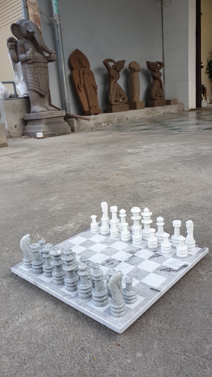Bộ bàn cờ vua đá cẩm thạch trắng xám - Dài 30 cm