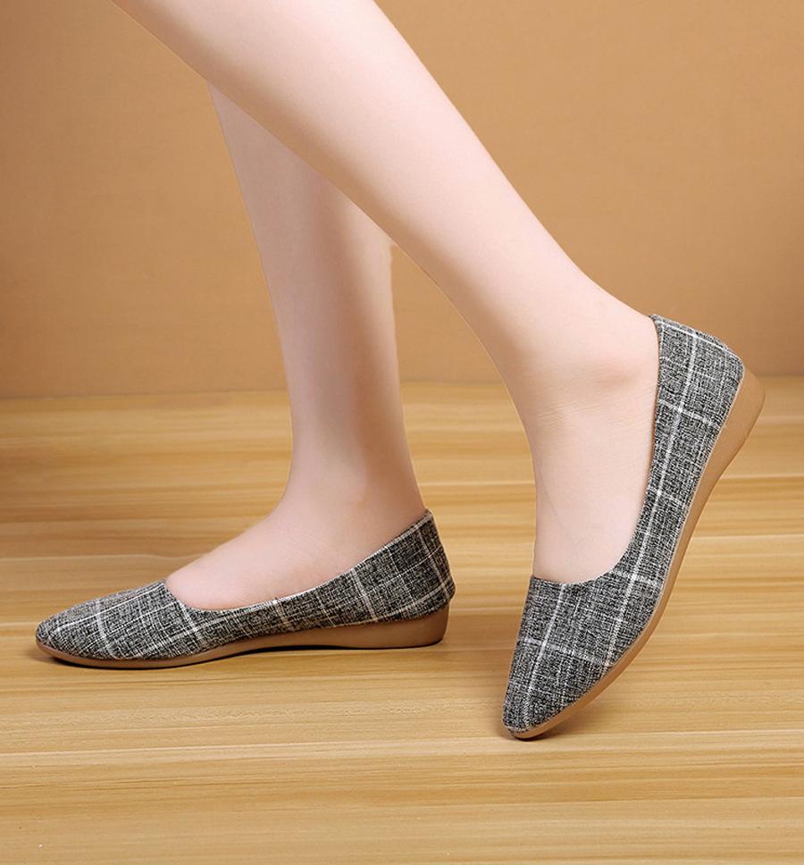 Giày búp bê nữ vải kẻ sọc kiểu dáng công sở dáng cơ bản V224