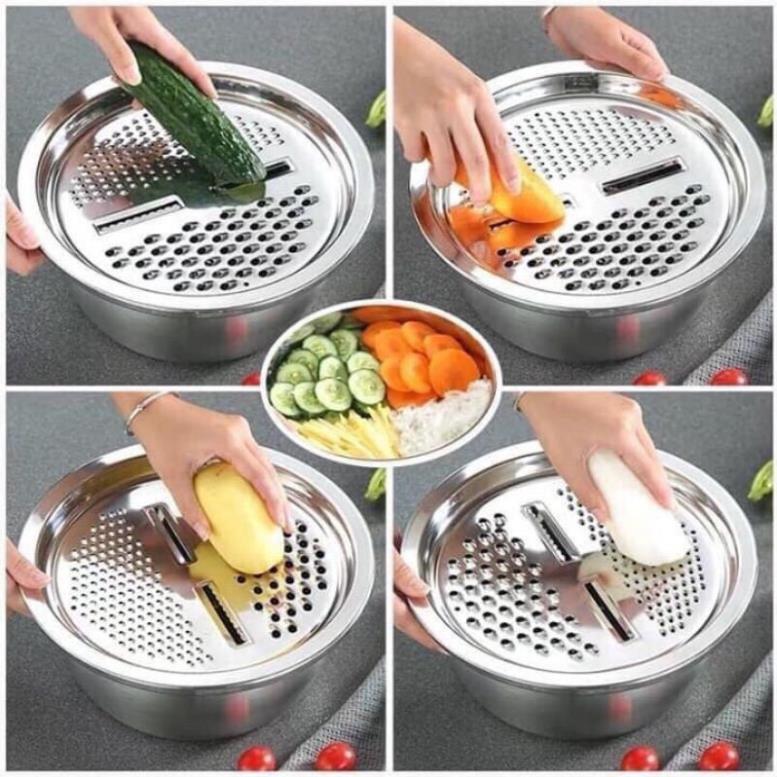 Bộ Rổ Nạo INOX Kèm Chậu Đa Năng 3 Trong 1 Bát Inox Trộn Rau Củ Kèm Bộ Nạo Đa Năng