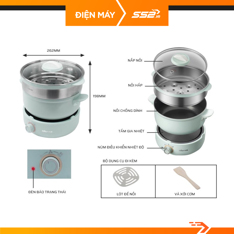 Nồi điện đa năng Bear 2.5 lít MC-B25V1 (kèm lồng hấp) - Hàng Chính Hãng