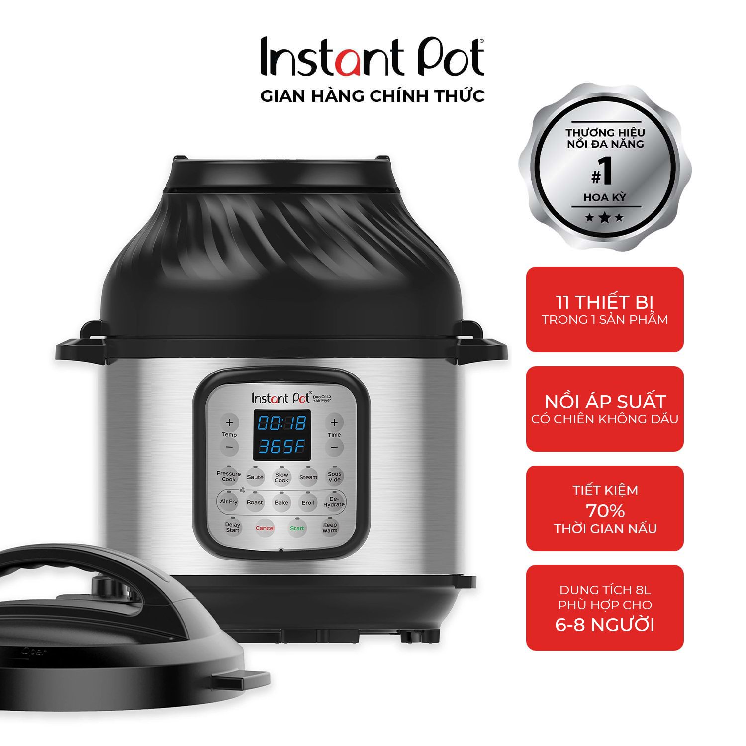 Nồi Áp Suất Điện Đa Năng Kết Hợp Nồi Chiên Không Dầu INSTANT POT DUO CRISP 11-IN-1 Dung Tích 8L - Hàng Chính Hãng