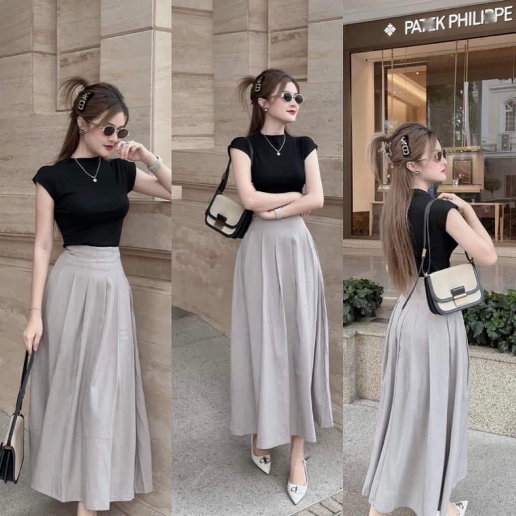 SET ĐI CHƠI, SET 2 MÓN ÁO THUN ZIP PHỐI CHÂN VÁY XÁM CỰC SANG