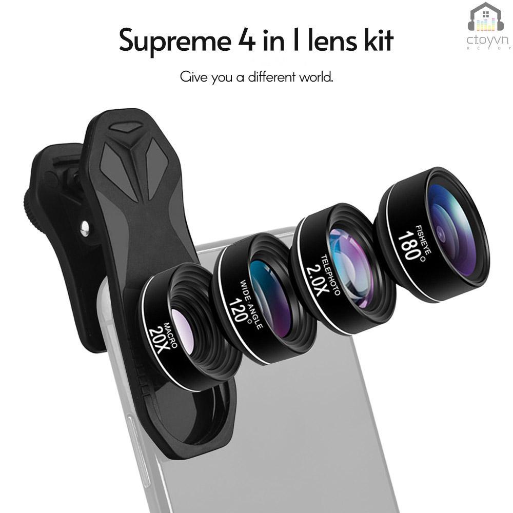 Bộ ống kính máy ảnh điện thoại 4 trong 1 180 Fisheye góc rộng 120x 2.0X kèm túi đựng bằng vải EVA