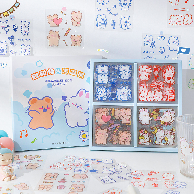Hộp 100 tờ stickers PET PVC không trùng mẫu không thấm nước phong cách cổ điển và dễ thương