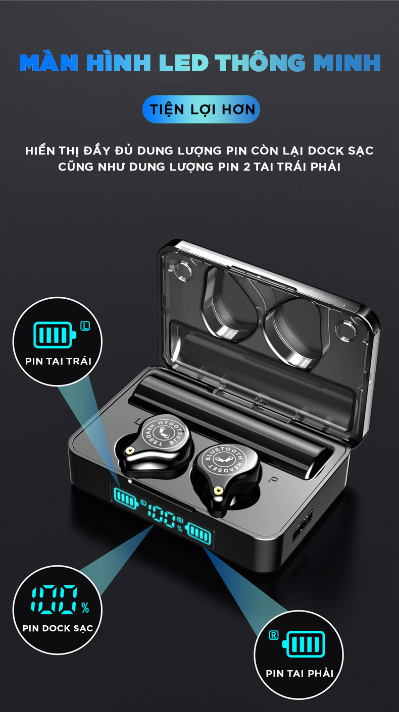 TWS Bluetooth  VINETTEAM PLUS 5.0 Tai Nghe Không Dây Tai Nghe Tai Nghe Tiếng Ồn CVC 8.0 Chống Tai Nghe IPX7 Chống Thấm Nước Cảm Ứng Stereo Tai Nghe Với 3600 MAh Hộp Sạc Cao Cấp -Chính Hãng