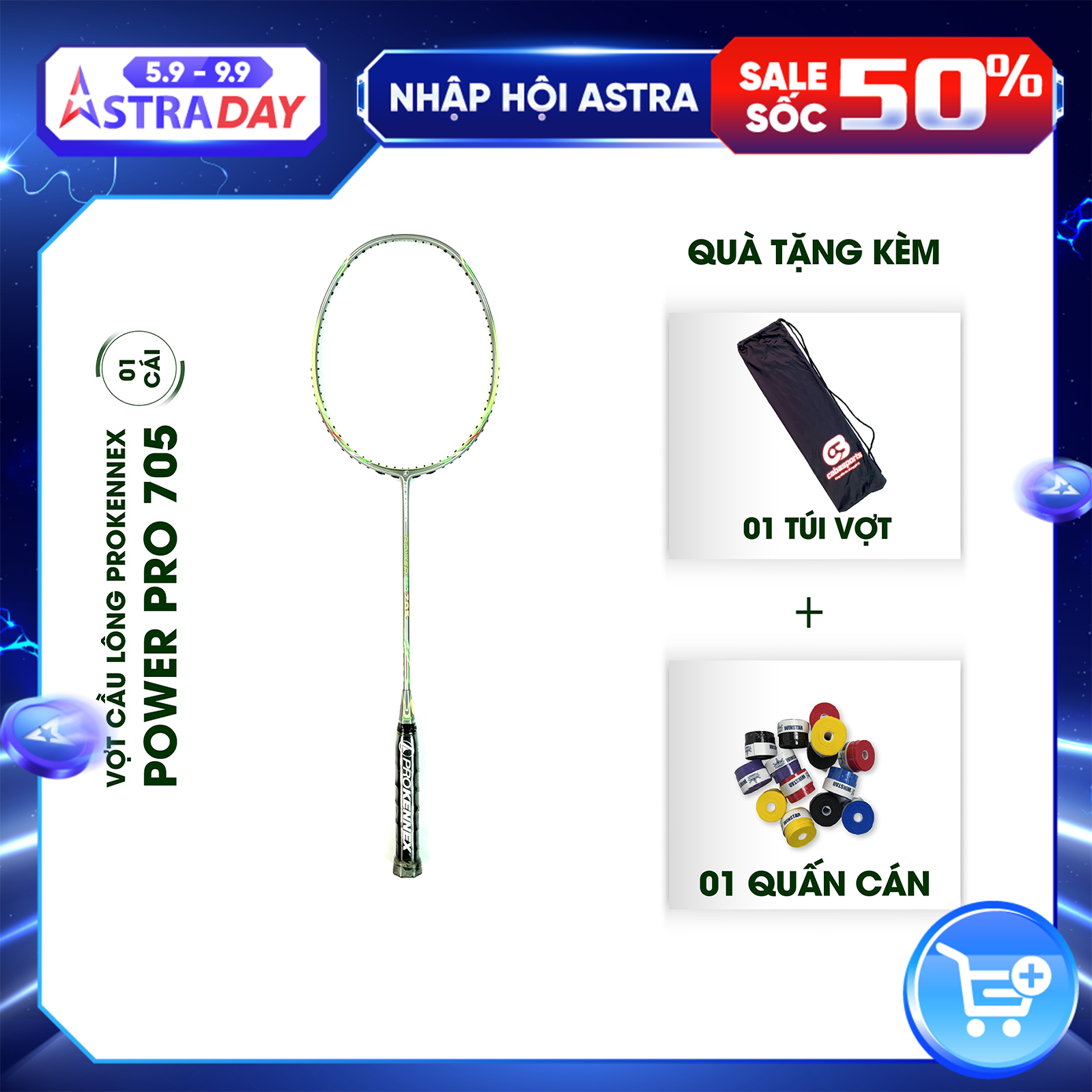 Vợt cầu lông giá rẻ thể thao chính hãng chuyên công Prokennex POWER PRO 705 - Căng 10.5 Kg Xanh Xám (1 cây)