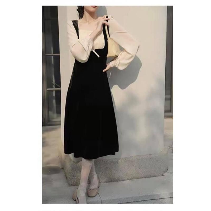 Đầm midi phối cổ và tay oganza