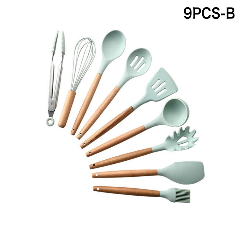 Ốp Đồ Dùng Nhà Bếp Thân Thiện Với Môi Trường Nấu Ăn Bộ Chịu Nhiệt Tay Cầm Bằng Gỗ Với Hộp Lưu Trữ Phụ Kiện Nhà Bếp