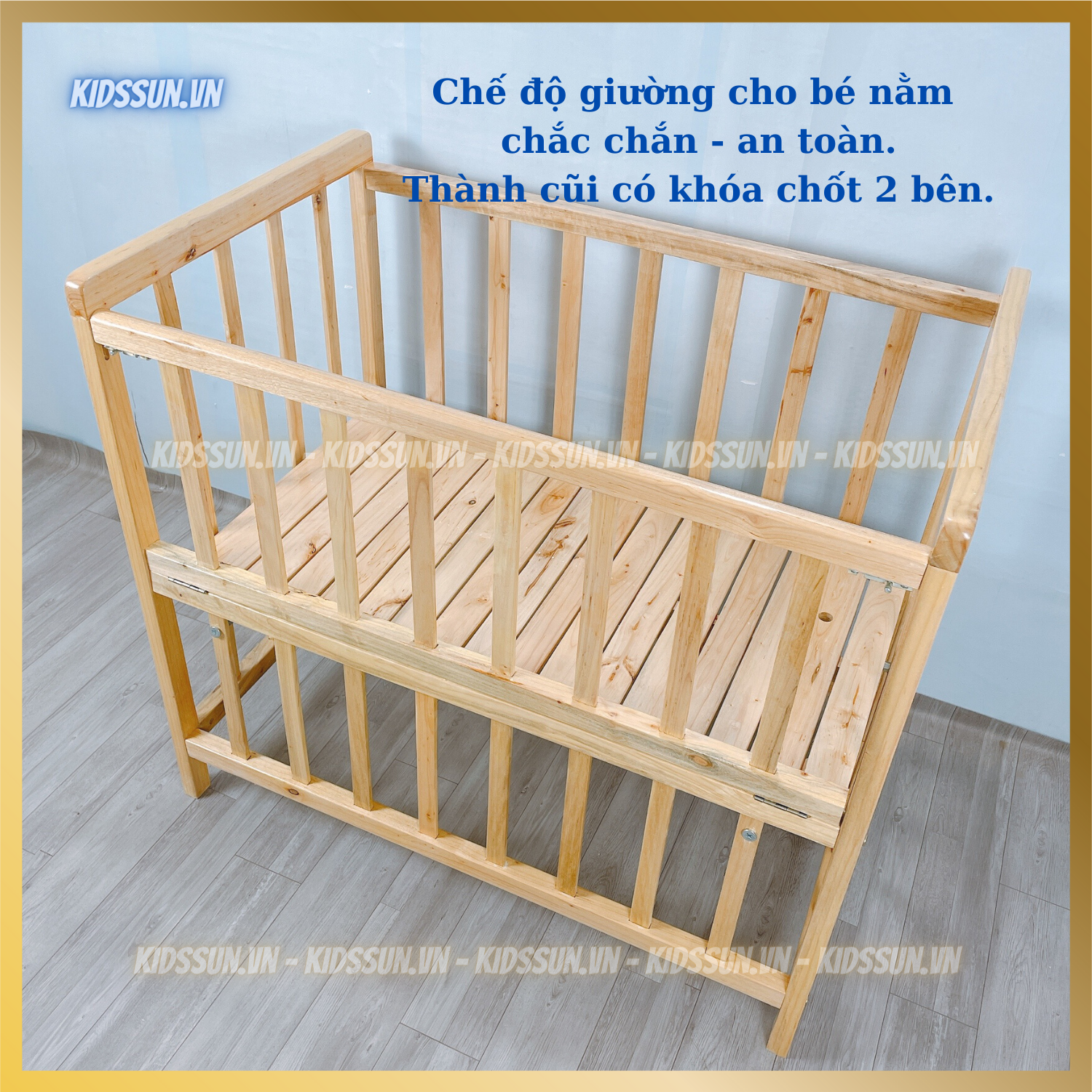 Giường Cũi Gỗ Quế Mộc Tự Nhiên Cho Bé Giá Rẻ – Kích Thước RxDxC - 60x100x84,5cm - Lọt Lòng (54x96)cm - 2 Chế Độ Giường Và Cũi Cho Bé