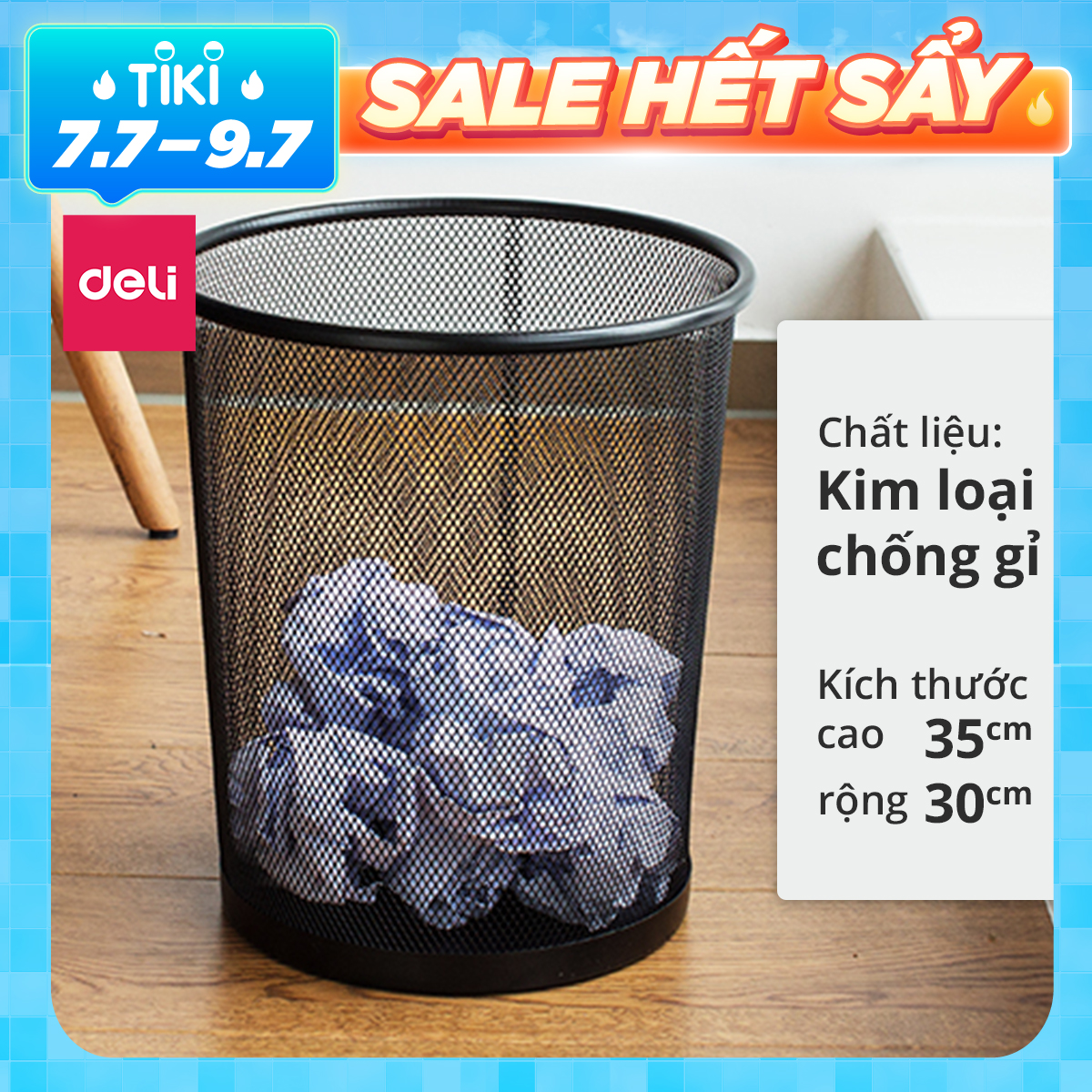 Thùng rác văn phòng lưới Deli - Sọt đựng rác - Màu đen - 35cm - E9189