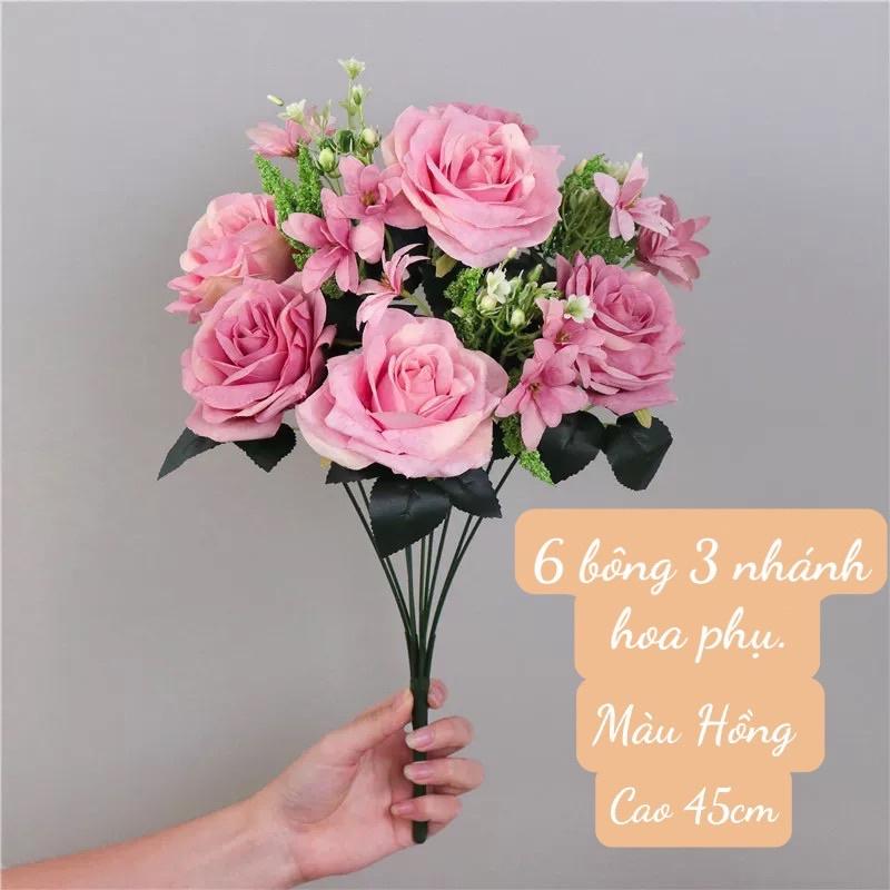 Hoa hồng lụa, hoa mẫu đơn luạ giả cao cấp 6 bông 3 hoa nhánh hoa phụ , Trang trí , Trà quý tộc, Hoa giả để bàn