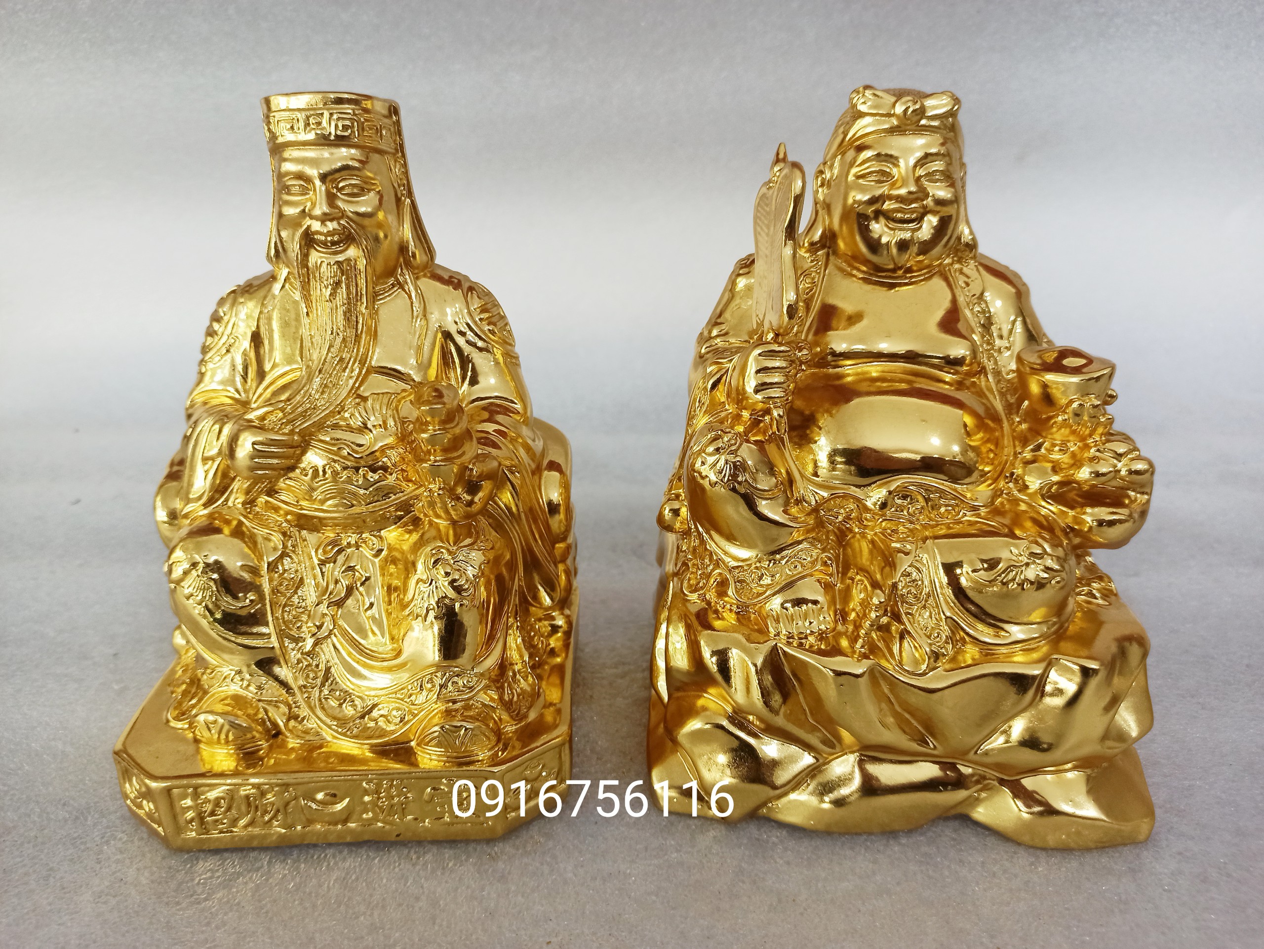 Tượng thần tài thổ địa bằng đồng dát vàng cao 18cm, tượng ông tài ông địa dát vàng.