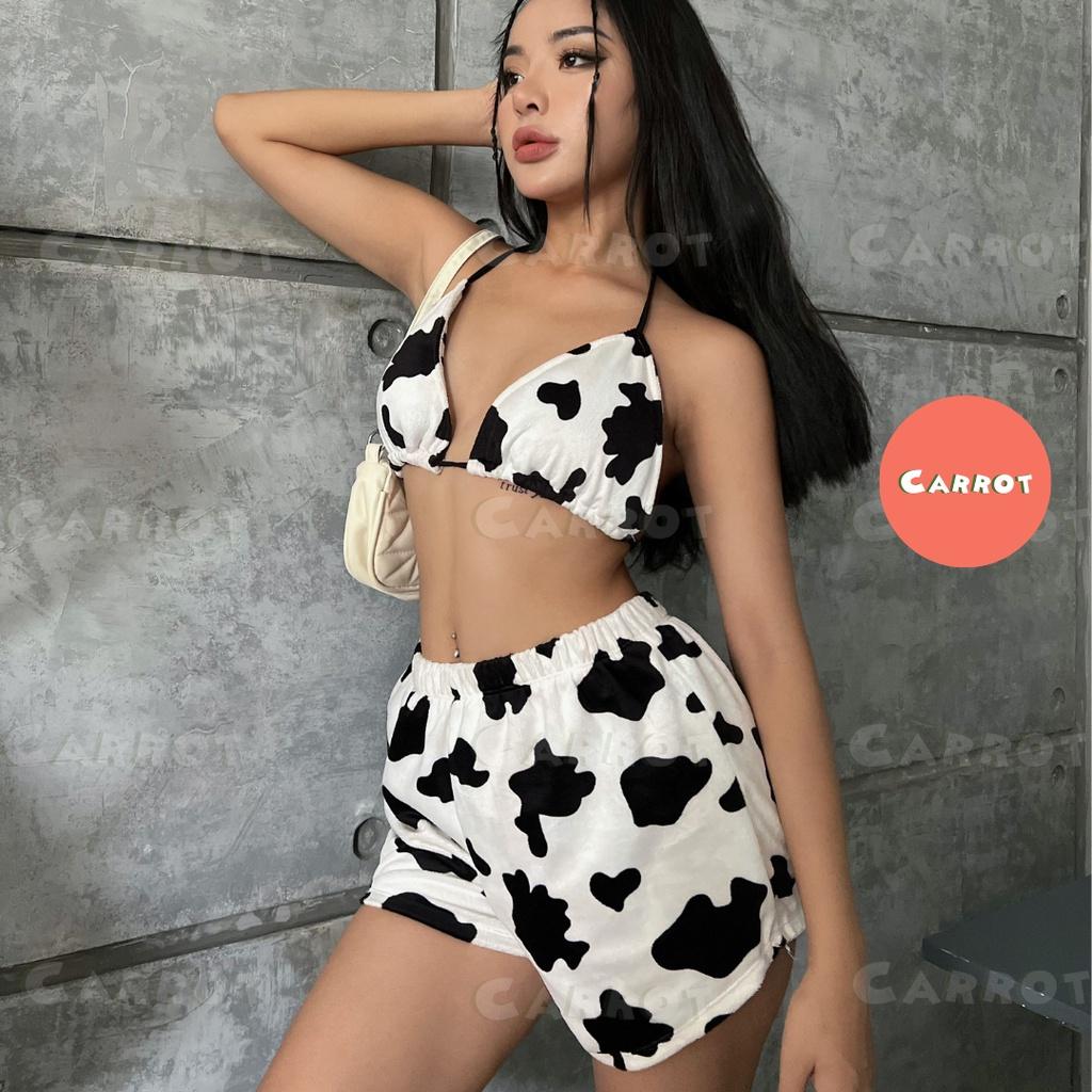 Quần đùi nhung bò sữa áo ngực bra đốm bò sữa cột cổ chất nhung cao cấp freesize carrotxinhdep cá tính năng động dễ thươn