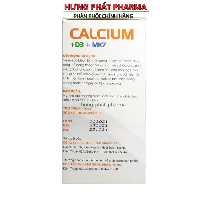 Viên uống calcium D3 MK7 Vinaphar – Hộp 100 viên