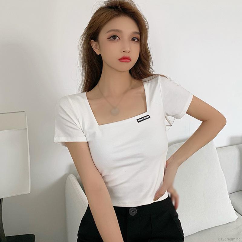 Áo Thun Tay Ngắn Cổ Vuông Phong Cách Hàn Quốc