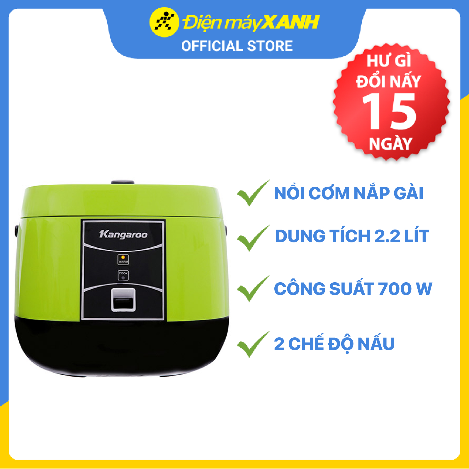 Nồi cơm nắp gài Kangaroo KG22R1 2.2 lít - HÀNG CHÍNH HÃNG