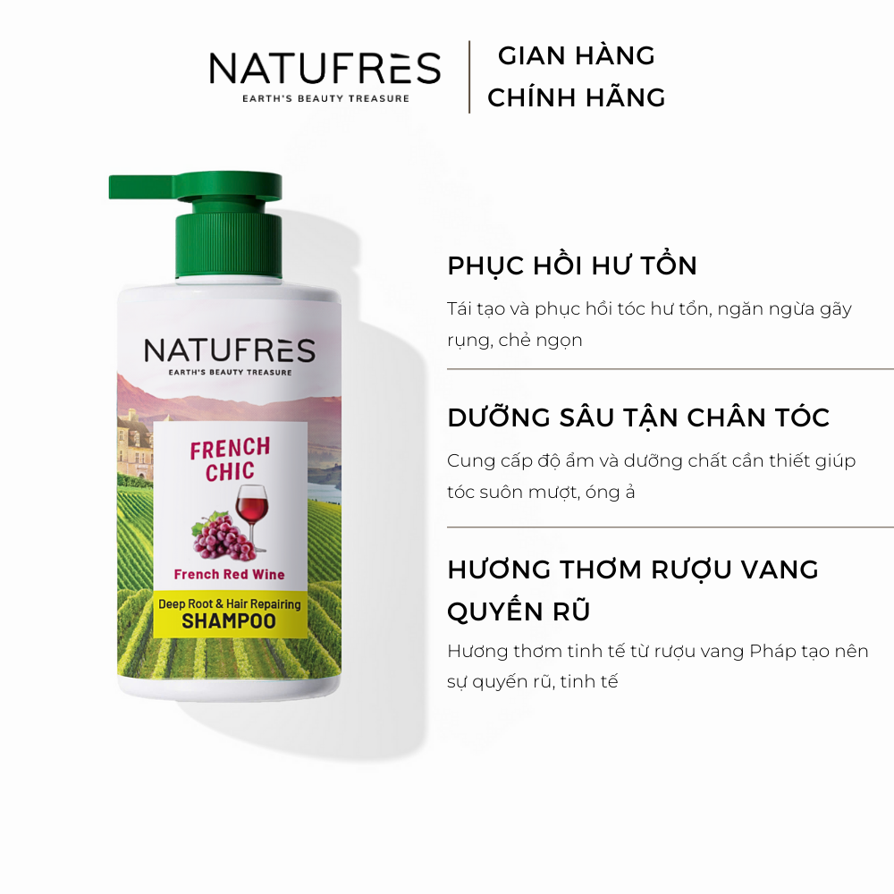 Dầu Gội Phục Hồi Tóc Hư Tổn, Ngăn Gãy Rụng NATUFRÈS French Chic Chiết Xuất Rượu Vang Đỏ Pháp - 250ml / 450ml