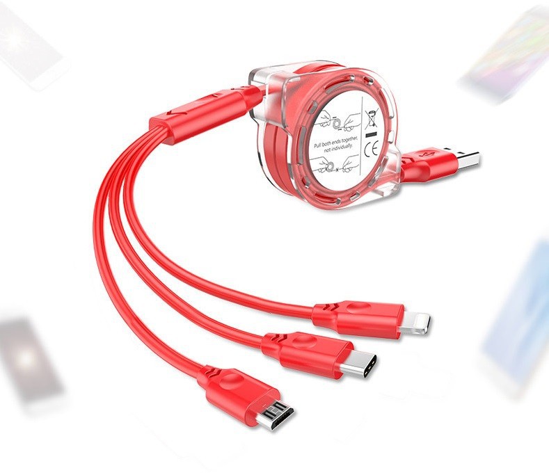 Dây sạc 3 đầu dây rút tiện lợi vô cùng + Tặng kèm 1 cóc sạc 3 lỗ USB ( Giao Màu Ngẫu Nhiên Các Sản Phẩm)