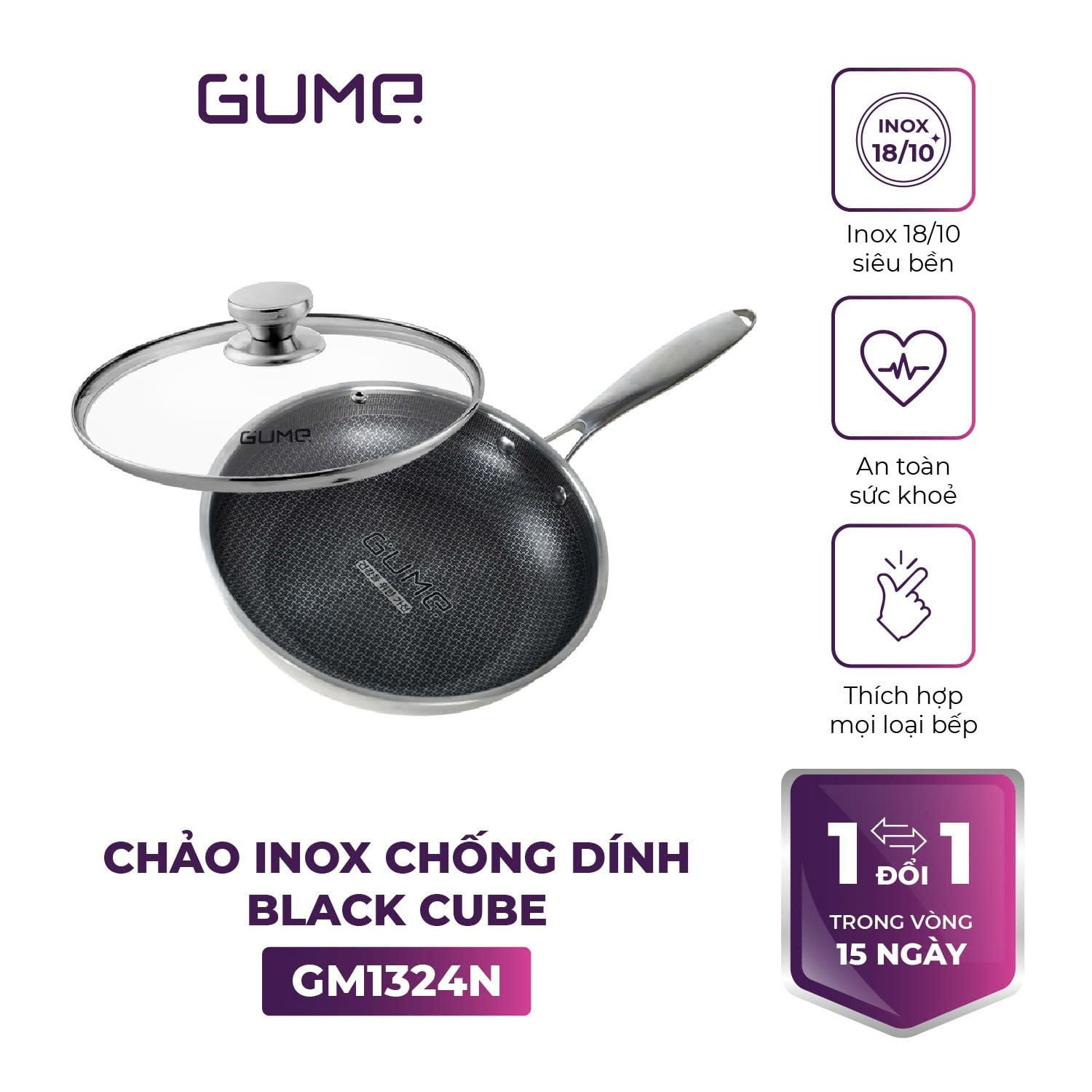Chảo inox 18/10 đúc liền khối chống dính Blackcube Gu Me Hàn Quốc size 24/28cm đáy từ kèm vung kính, hành chính hãng
