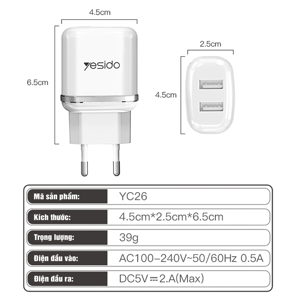 Củ sạc đa năng Yesido YC-26 2 cổng USB 2.4A Hàng Chính Hãng