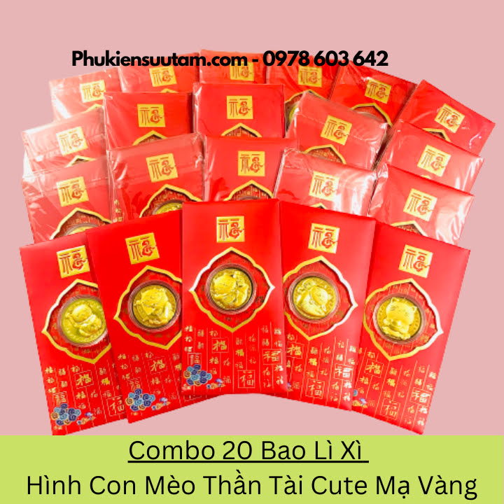 Combo 20 Bao Lì Xì Hình Con Mèo Thần Tài Cute Mạ Vàng, kích thước: 17cmx9cm, màu đỏ - SP005927