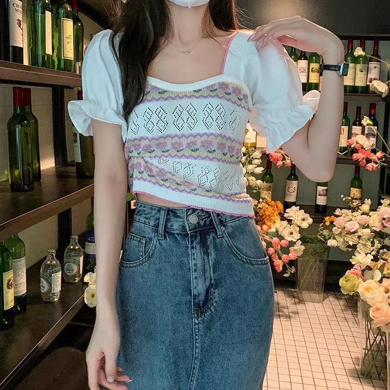 Áo kiểu croptop nữ tay ngắn cổ vuông dáng ôm thiết kế len dệt kim phối tay bồng phong cách Hàn Quốc trẻ trung