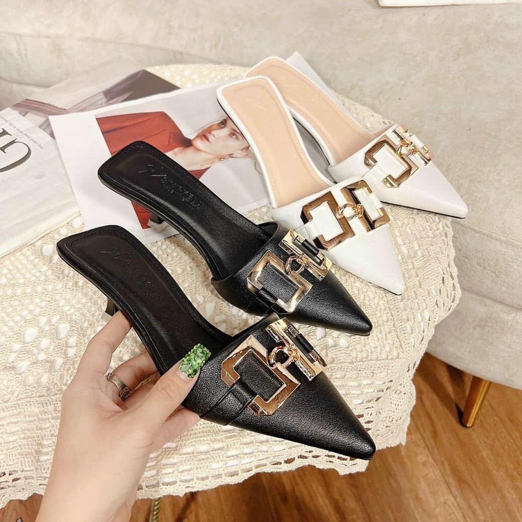 Sục Mũi Nhọn Nữ, Guốc Cao Gót Dây Chéo gót Nhọn da mềm, Đế Vững Cực Sang mã