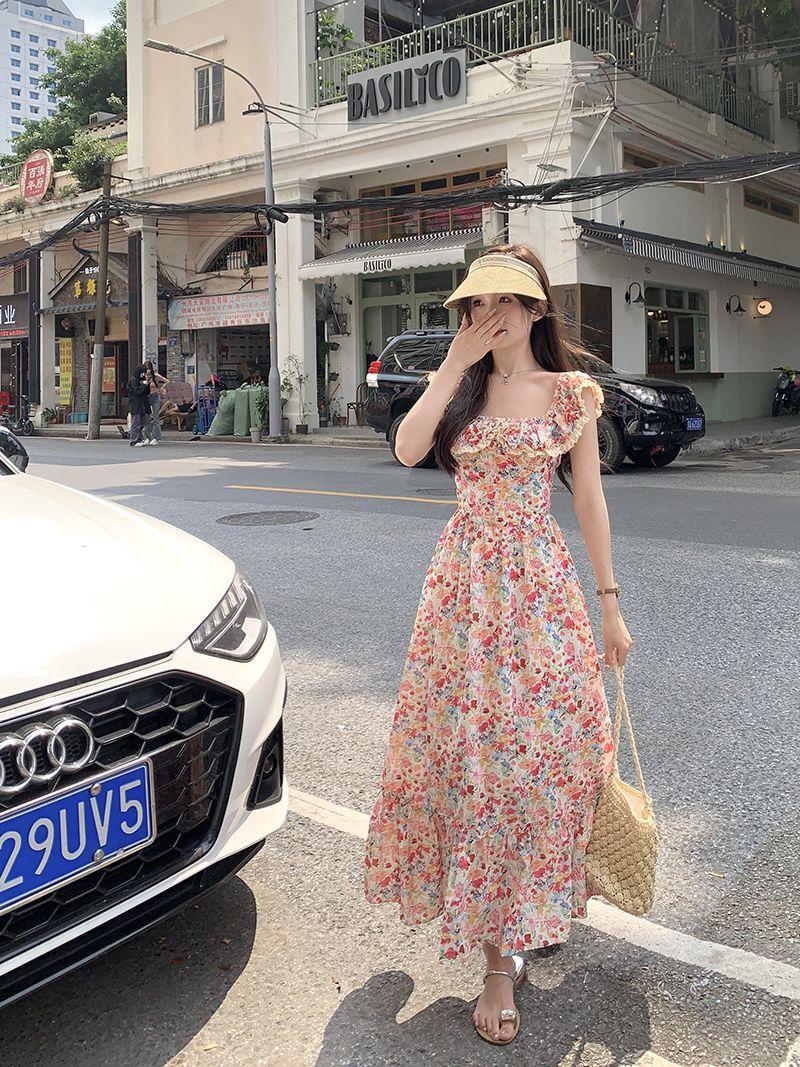 CHENGRUI Mùa hè phiên bản Hàn Quốc 2023 Xu hướng Hàn Quốc Dongdaemun ngọt ngào phụ nữ mảnh hoa giảm tuổi lá sen cổ áo vest đầm