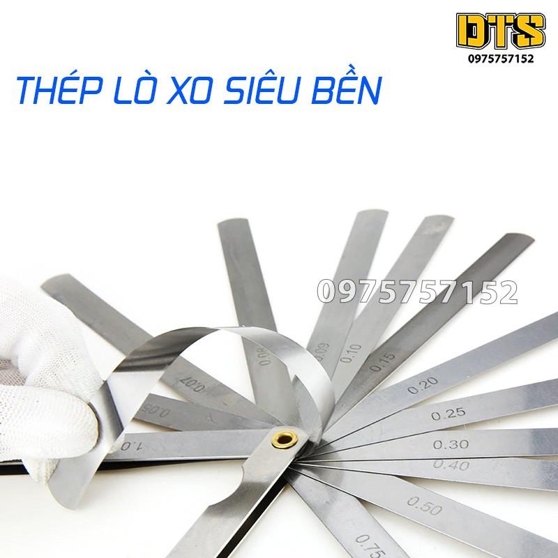 Bộ 17 thanh thước căn lá dài 150mm, thước lá chỉnh cò đo khe hở 0.02-1.00mm, thép lò xo đàn hồi, dưỡng đo độ dày