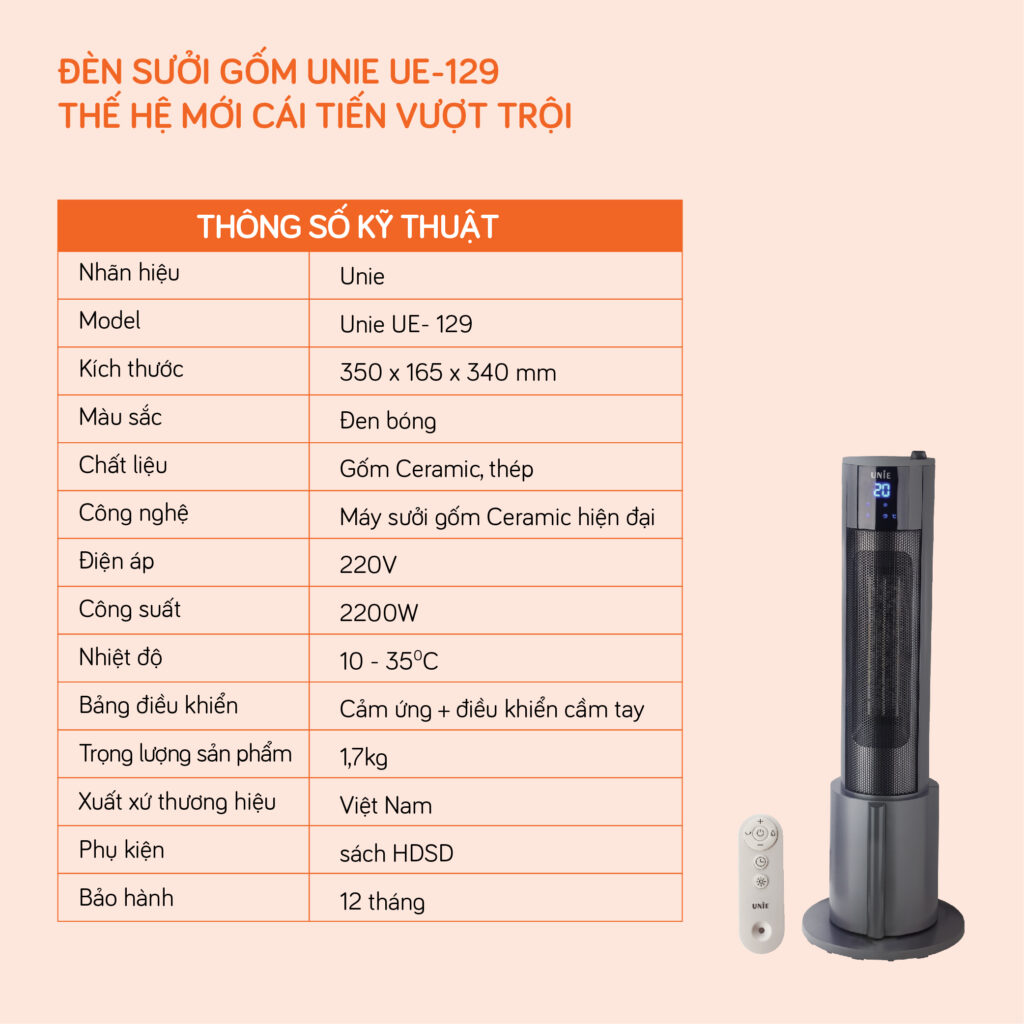 Máy sưởi gốm làm ấm không gian UNIE UE-129 công suất 2200W - Hàng chính hãng