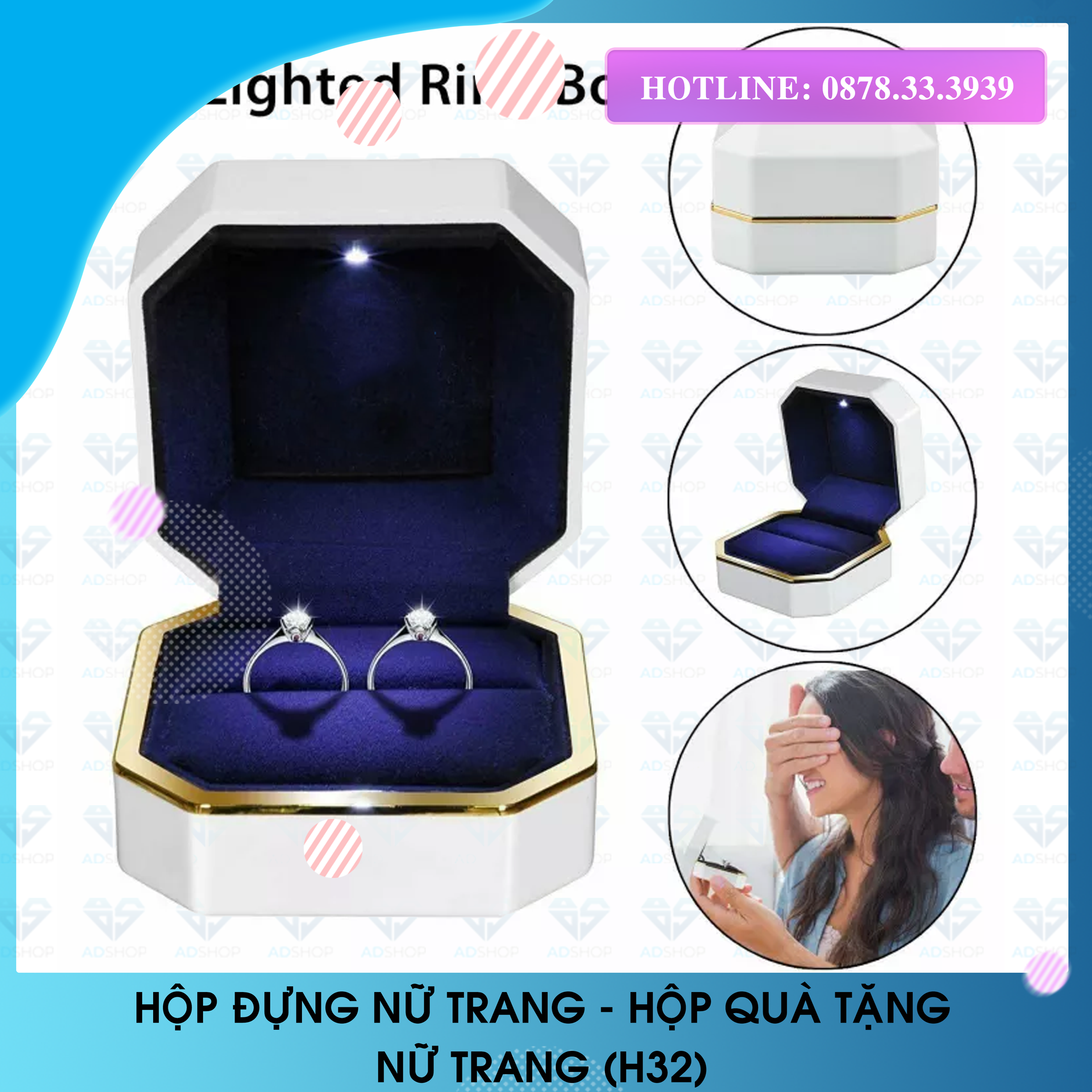 HỘP ĐỰNG TRANG SỨC CAO CẤP - HỘP NHẪN, VÒNG TAY, BÔNG TAI, DÂY CHUYỀN CÓ ĐÈN LED (H32