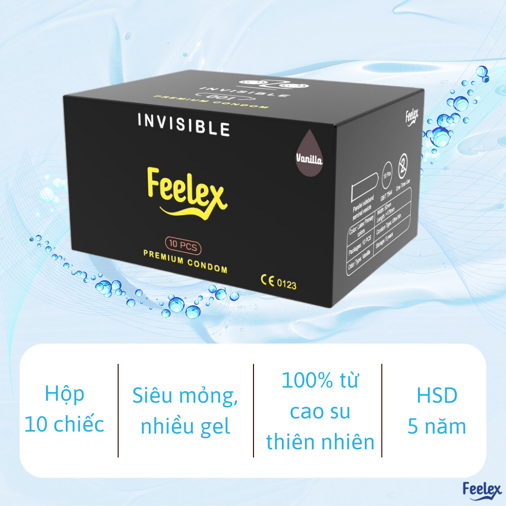 Bao cao su Feelex Invisible siêu mỏng, nhiều gel bôi trơn, hương thơm nhẹ