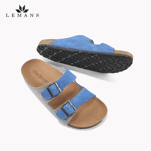 Dép Da Nubuck Phối 2 màu Xanh-Xám Đế Trấu Quai Ngang LEMANS May Sandals - Blue&amp;Grey. Quai điều chỉnh. Bảo hành 6 Tháng