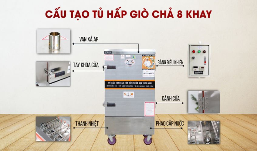 Tủ Hấp Giò Chả,Thực Phẩm 48 Kg/Mẻ Dùng Điện 8 Khay Inox 304 Việt Nam NEWSUN, Năng Suất Cao - Hàng Chính Hãng