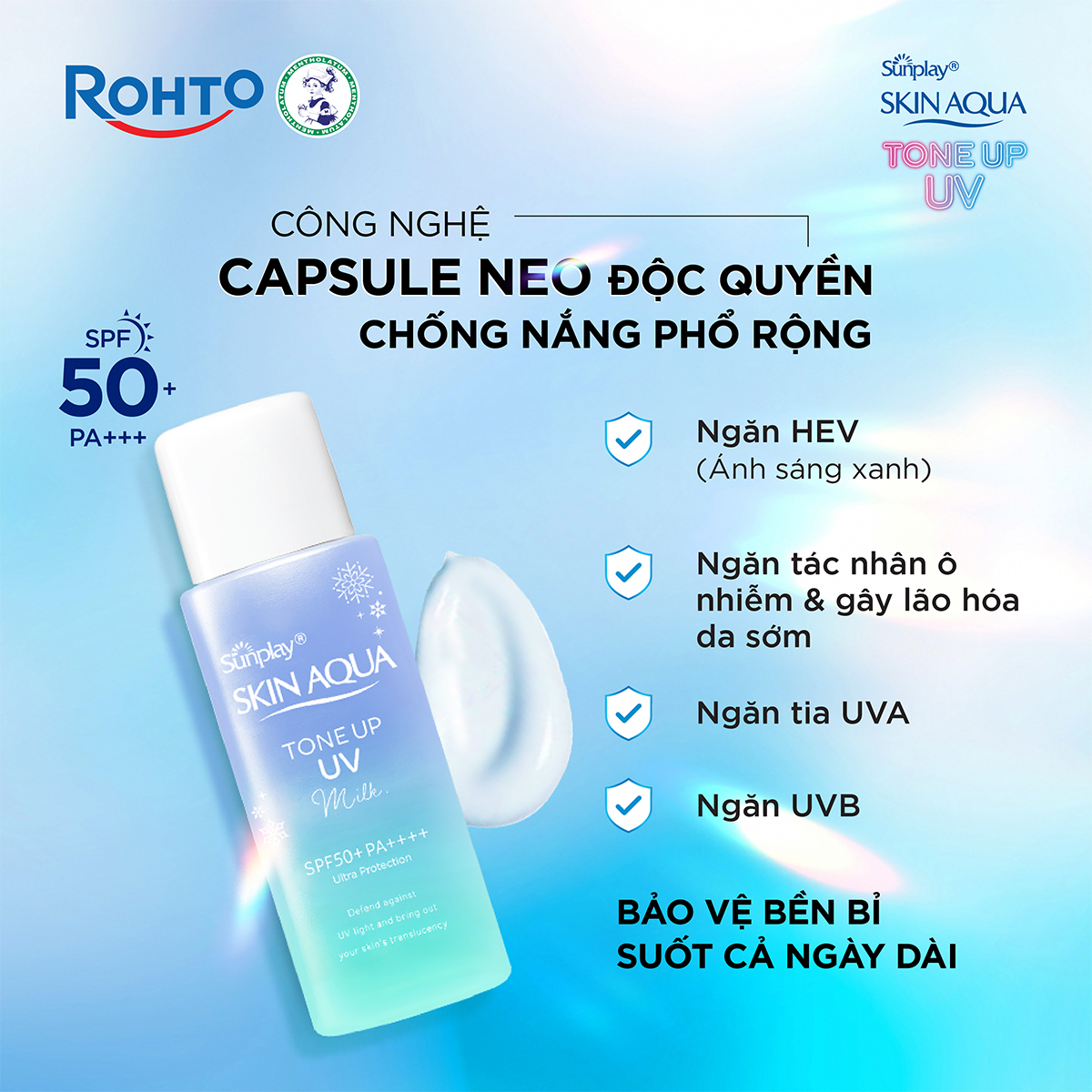 Kem chống nắng nâng tông Skin Aqua Tone up Blue cho da vàng có khuyết điểm đỏ, dạng sữa Sunplay Skin Aqua Tone Up UV Milk Blue SPF 50+ PA++++ 50g