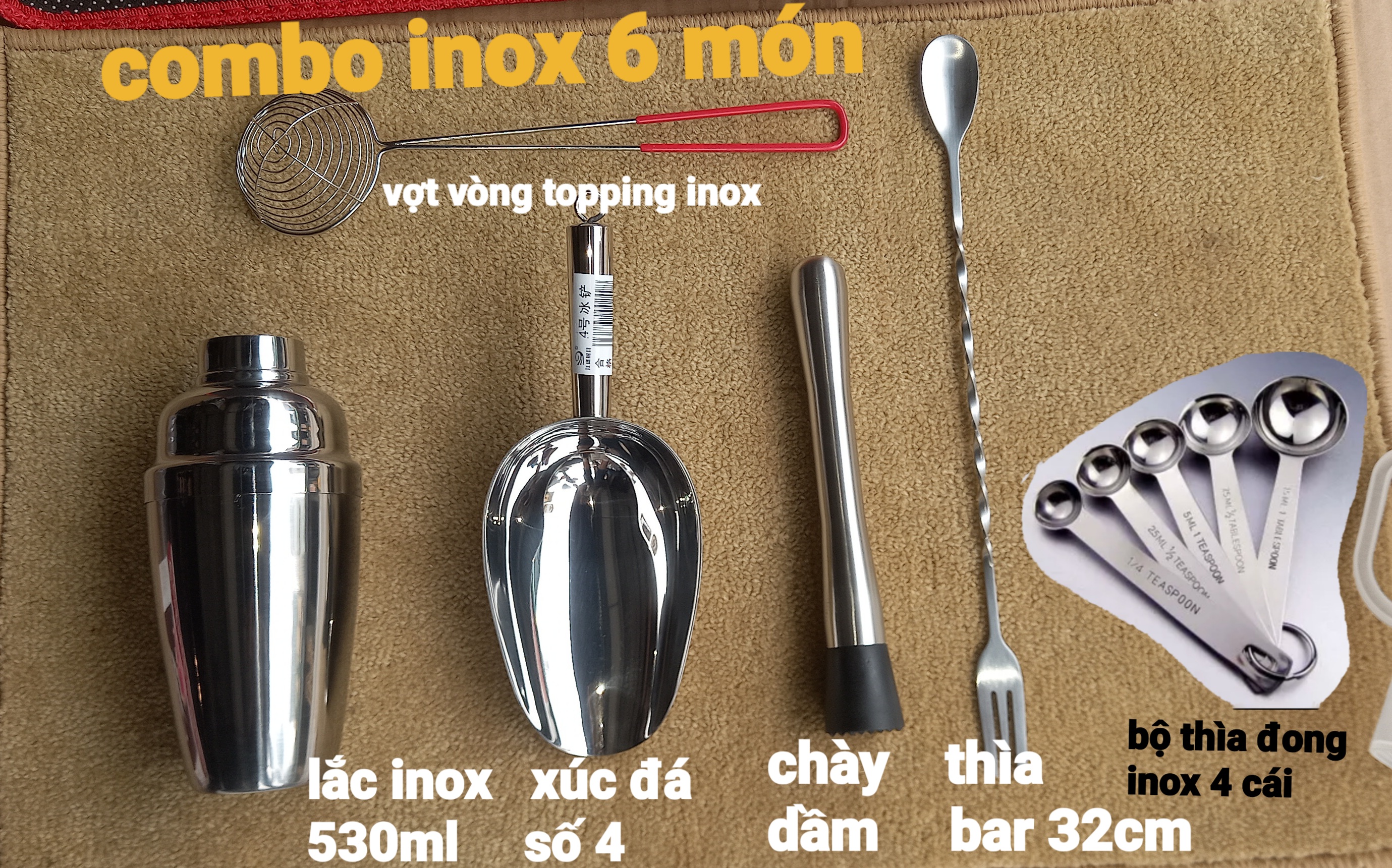 Combo bộ dụng cụ pha chế 6 món inox 100%