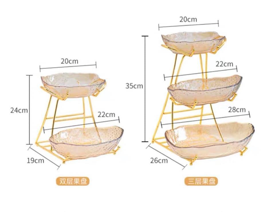 KHAY ĐỰNG SALAD BÁNH KẸO HOA QUẢ THỦY TINH 2 TẦNG KHUNG KIM LOẠI MẠ VÀNG SANG TRỌNG - VD186