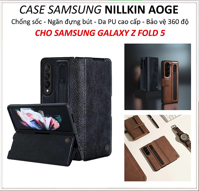 Bao da cho Samsung Galaxy Z Fold 5 có ngăn đựng S-Pen hiệu Nillkin (bảo vệ máy cực tốt, chất liệu da thật cao cấp, thiết kế thời trang cá tính) - hàng nhập khẩu