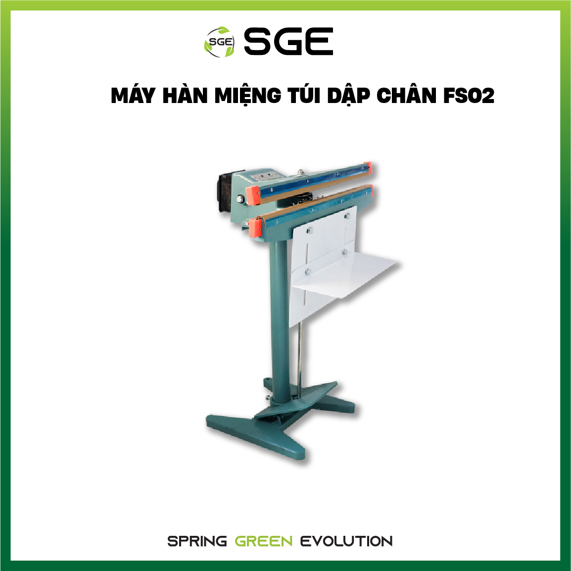 Máy Hàn Miệng Túi Dập Chân FS02 Từ SGE. Máy Có Công Suất Cao, Gia Nhiệt Nhanh, Dùng Được Cho Mọi Loại Túi. Hàng Nhập Khẩu Chính Hãng SGE Thailand. Máy Được Tặng Kèm 1 Bộ Dây Hàn Dự Phòng.