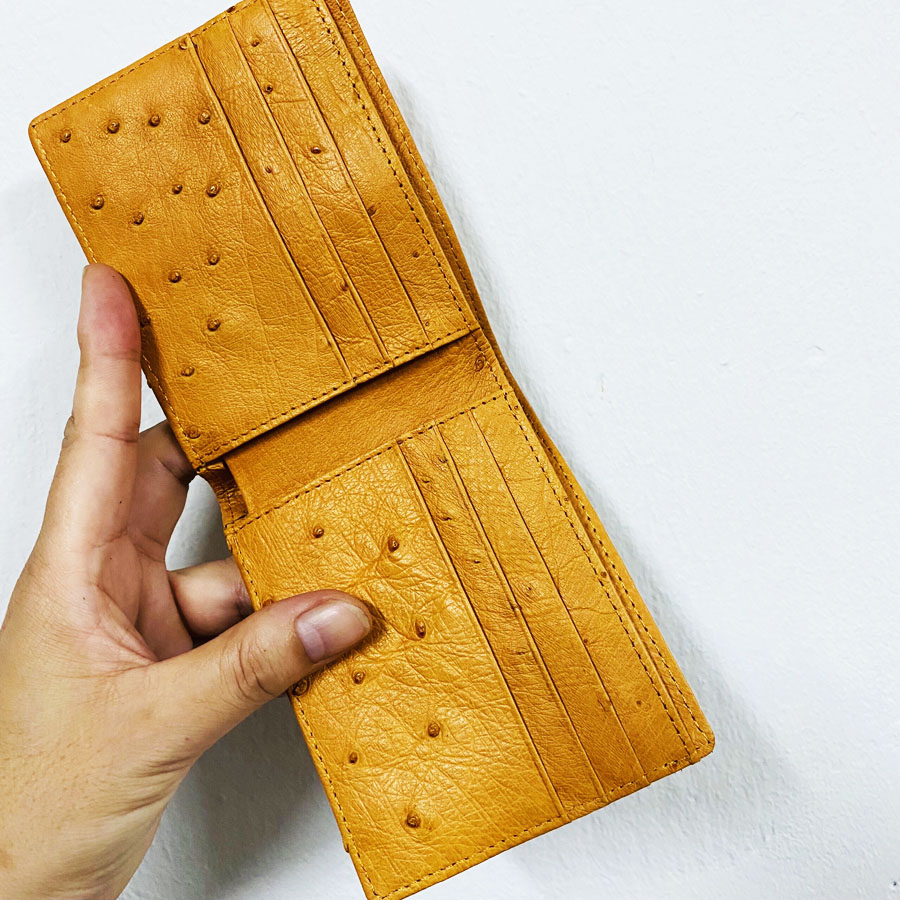 Hàng cao cấp Ví nam da bụng đà điểu, bóp nam chất liệu da bụng da đà điểu thật cao cấp màu vàng
