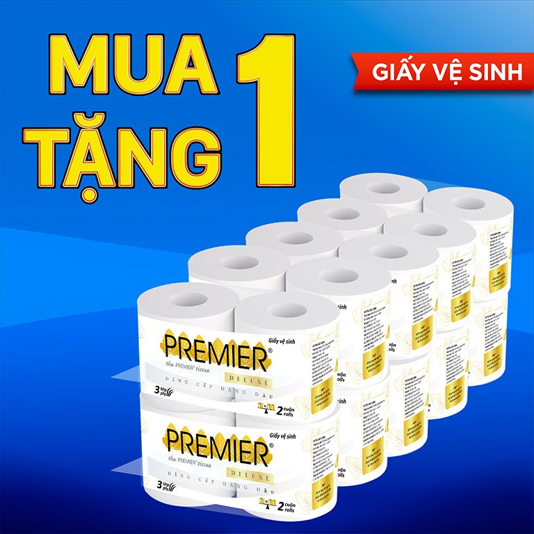 [MUA 1 TẶNG 1] Giấy vệ sinh cao cấp Premier Deluxe có lõi, 3 lớp 100% bột giấy nguyên sinh, không chất tẩy lốc 10 cuộn