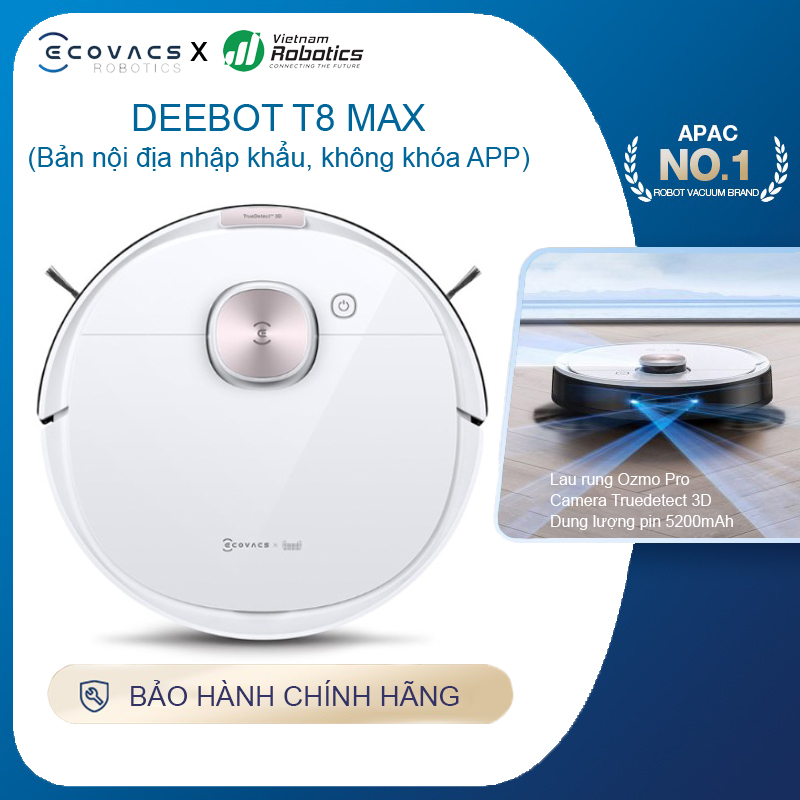 Robot hút bụi lau nhà Ecovacs Deebot T8 Max - hàng nhập khẩu chính hãng full VAT, bảo hành chính hãng 24 tháng bởi Vietnam Robotics, lực hút 1500Pa, thời gian hoạt động 3 giờ liên tục