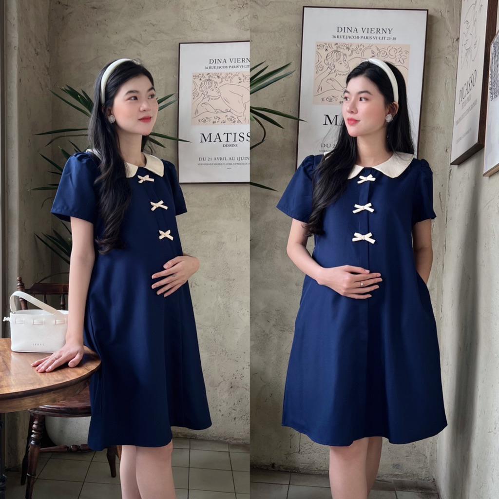 Đầm bầu công sở cổ sen đính 3 nơ dễ thương chất cotton lạnh mềm mịn - Hồng
