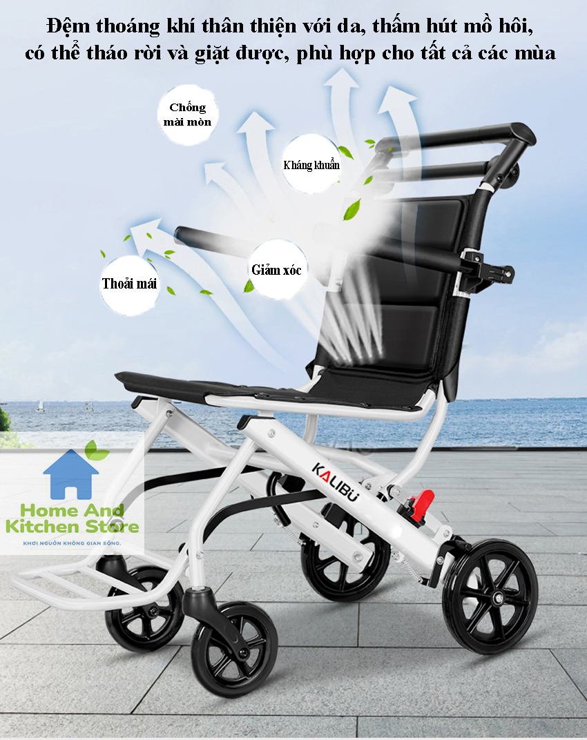Xe đẩy người già gấp gọn, Xe lăn gấp gọn KALIBU - xe lăn du lịch gấp gọn xách tay siêu nhẹ phù hợp cho người già, người khuyết tật, người bị tai biến
