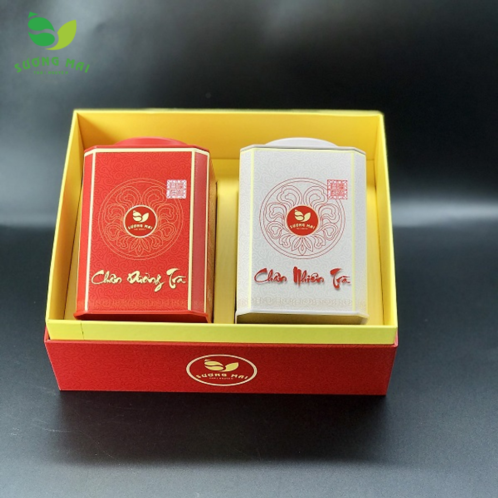 Hộp trà xanh Tân Cương Sương Mai 200g – 2 hộp sắt vuông Đỏ và Trắng