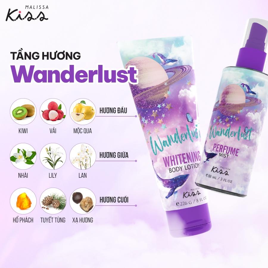 Bộ đôi Malissa Kiss Sữa Dưỡng Thể Trắng Da 226g và Xịt Thơm Toàn Thân Hương Nước Hoa Wanderlust 88g