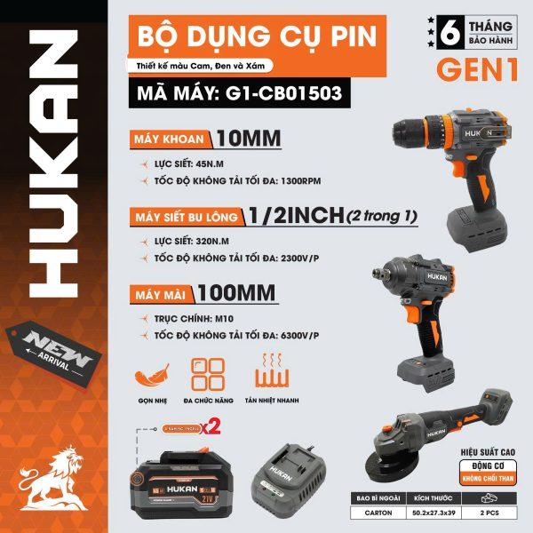 BỘ DỤNG CỤ PIN: MÀI , BULONG &amp; KHOAN 21V G1-CB01503 HUKAN -HÀNG CHÍNH HÃNG